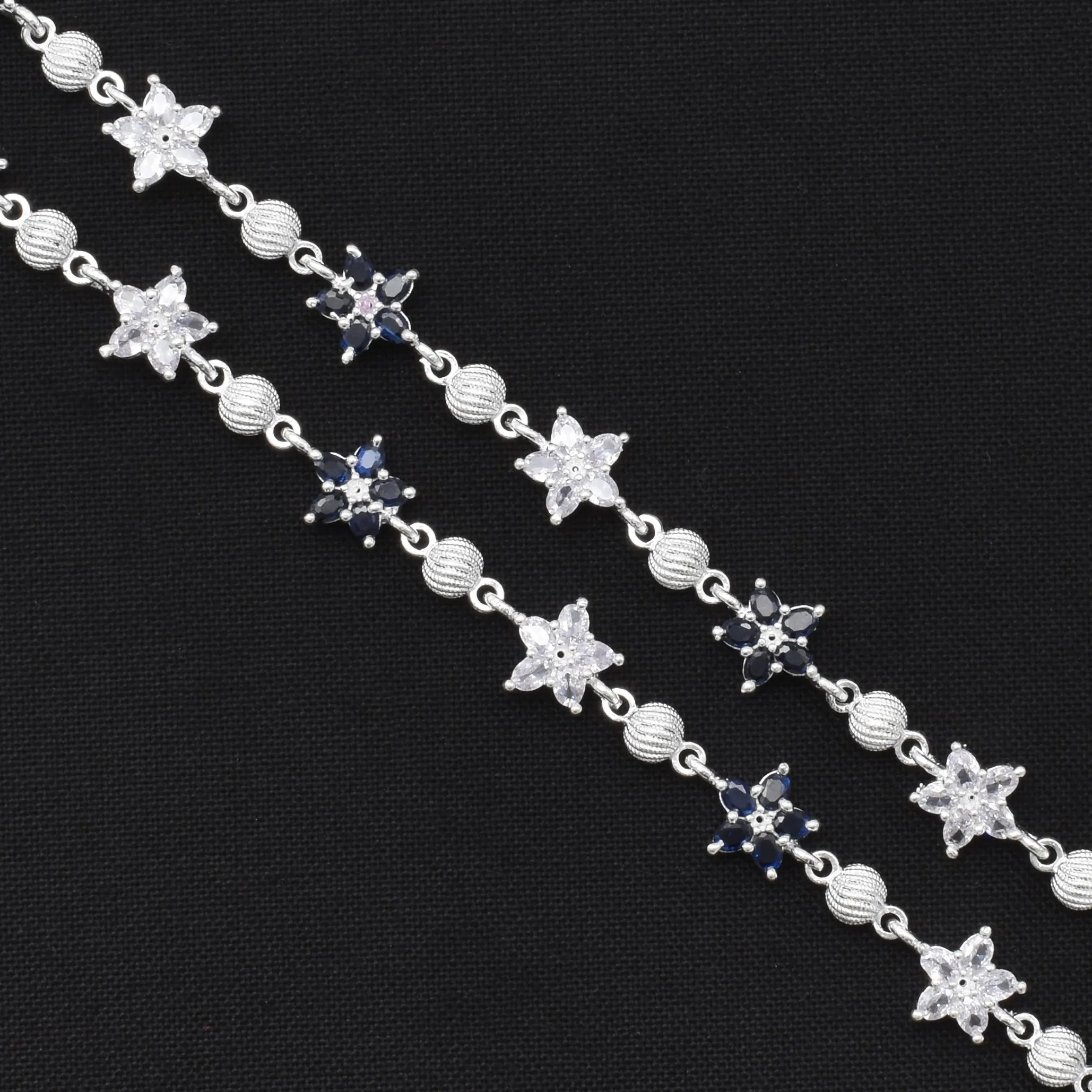 Silver Lavish White &amp; Blue Floral Gemstone Payal with Spiral Silver Beads