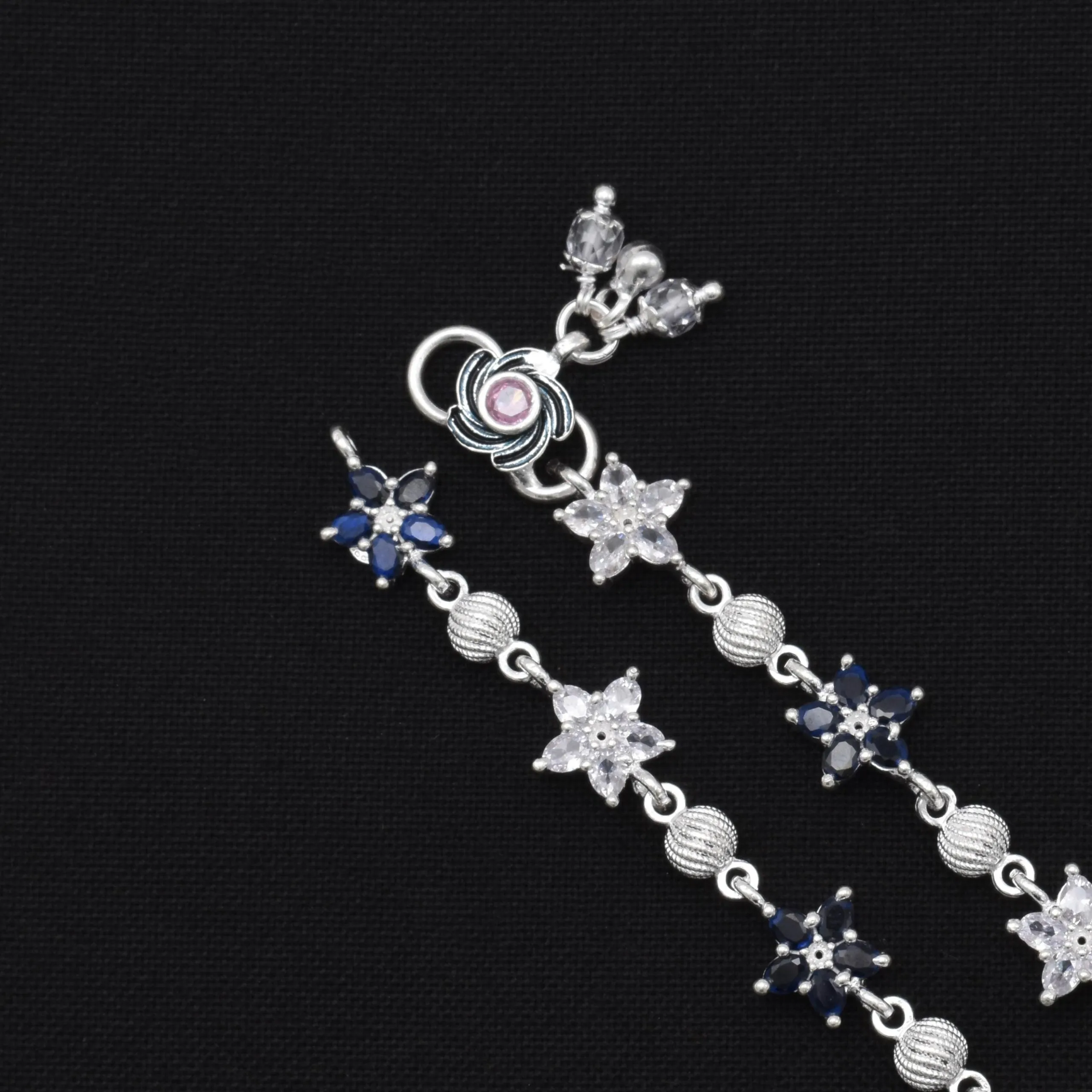 Silver Lavish White &amp; Blue Floral Gemstone Payal with Spiral Silver Beads