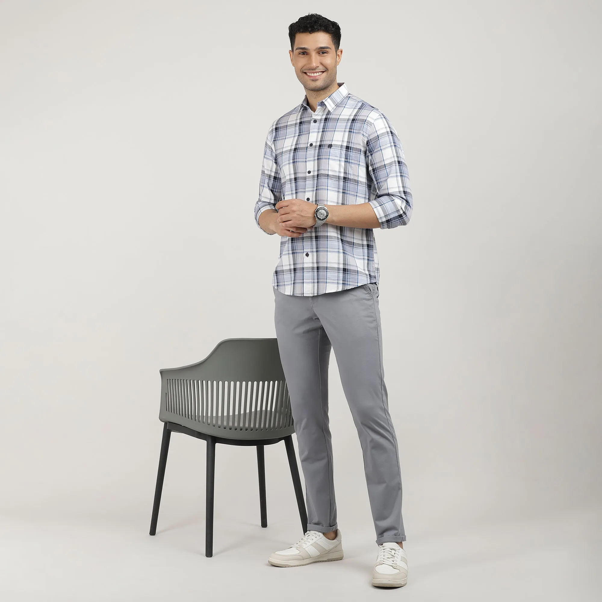 Sky Oxford Checks Shirt With Pocket