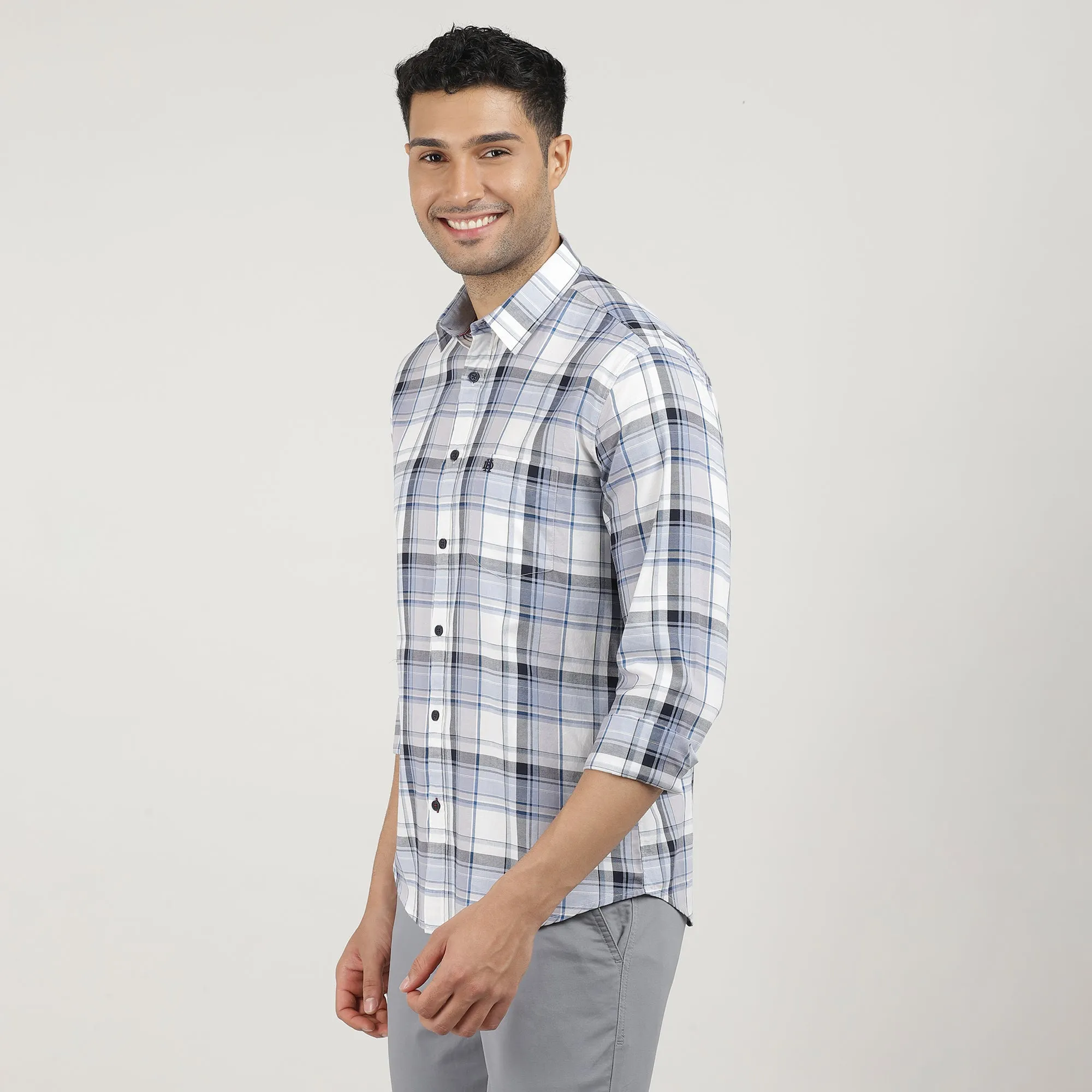 Sky Oxford Checks Shirt With Pocket
