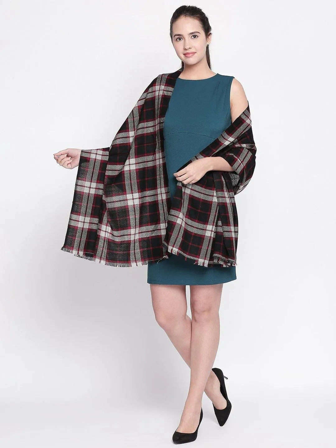 Women Black & Red Checked Woollen Shawl