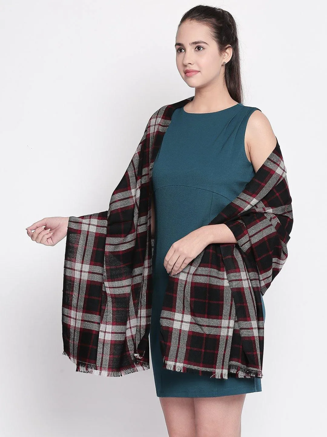 Women Black & Red Checked Woollen Shawl