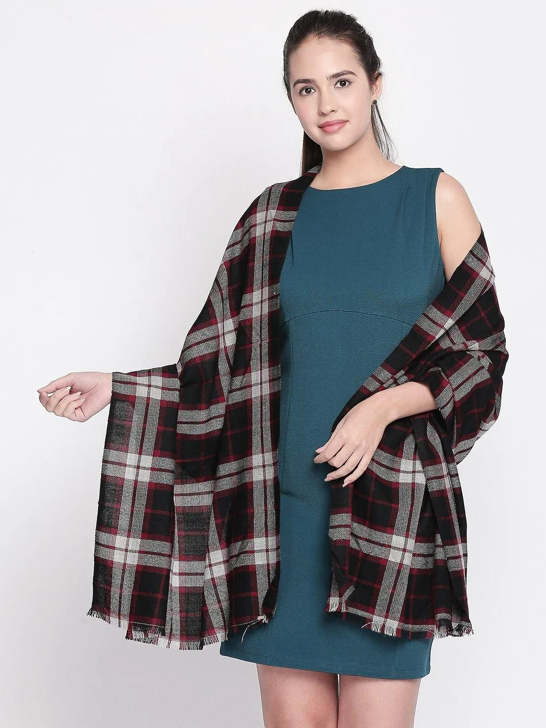 Women Black & Red Checked Woollen Shawl