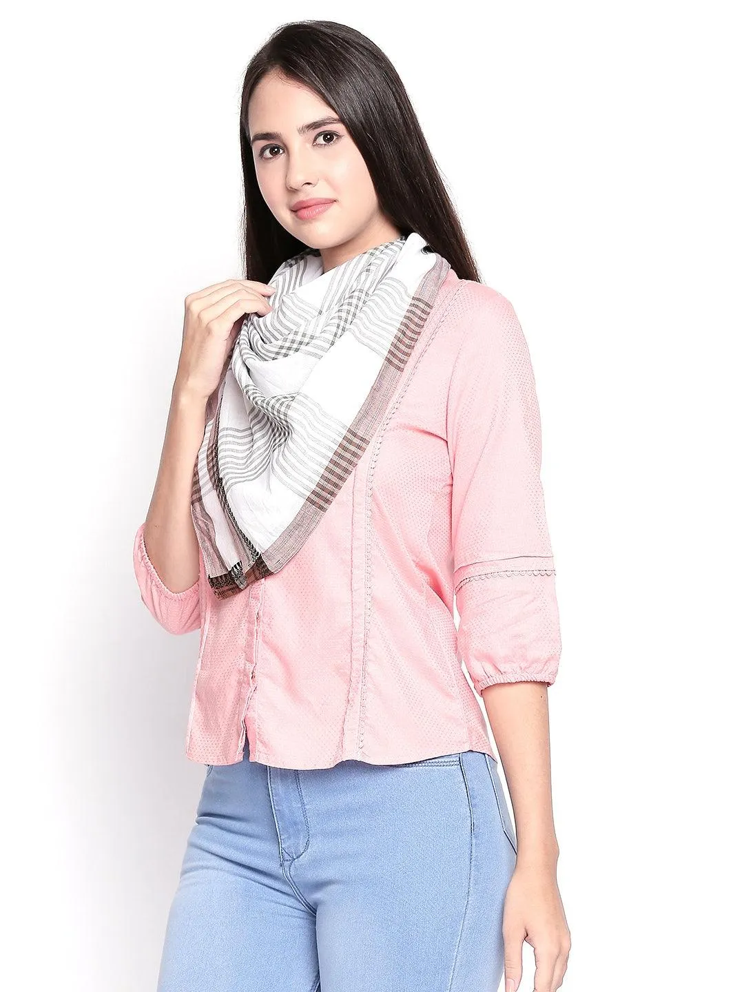 Women Grey & White Checked Scarf
